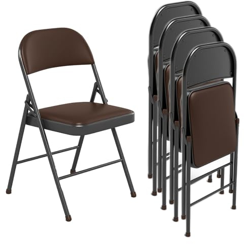 EcoBend Klappstuhl 4er Set mit PU-Leder & Polsterung, Stabiler Metallrahmen, Leicht & Platzsparend, für Büro, Zuhause, Events(4, Braun)