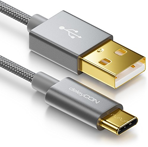 deleyCON 1m USB-C-Kabel - Laddningskabel Datakabel - Nylon + Metallkontakt - USB C till USB A - Kompatibel med Apple Samsung Google Huawei Xiaomi Tablet Laptop PC - Grå