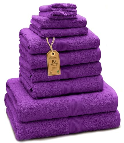 Green Mark Handtuch-Set mit 10 Teilen – 100% Baumwolle – 4 Handtücher 50×100 cm, 2 große Duschtücher 70×140 cm, 2 Gästetücher 30×50 cm und 2 Waschhandschuhe – Lila