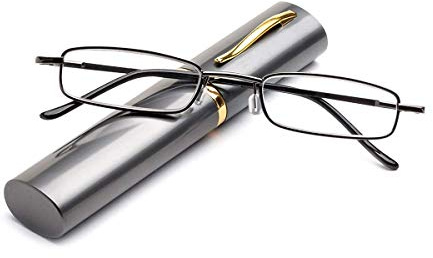 KoKoBin Flexibel Metall Lesebrille Sehhilfe Federn-Scharnier Lesehilfe Unisex Lesegerät mit Brillenetui wie Stifthalter (Gewehr, +1.5)