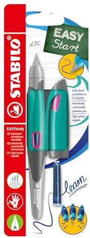 STABILO - Ergonomischer Schulfüller für Rechtshänder mit Anfänger-Feder A - EASYbirdy in türkis/neonpink - Einzelstift - inklusive Patrone und Einstellwerkzeug - Schreibfarbe blau (löschbar)