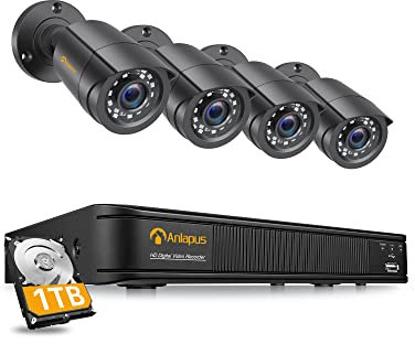 Anlapus 1080P Außen Überwachungskamera Set 8CH H.265+ DVR mit 1TB HDD + 4 Bullet Kamera 20M IR Nachtsicht, PC/Mac-kompatibel