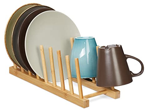 Relaxdays Tellerständer, für 8 Teller, Schneidebretter, Topfdeckel, Abtropfgestell Geschirr, Bretthalter Bambus, natur, 12 x 12,5 x 34 cm