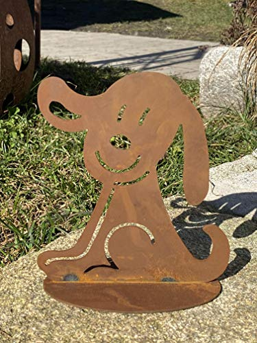 Rostalgie Edelrost Figur Doodle Familie auf Bodenplatte zur Auswahl Garten Dekoration Geschenk (Metall, Hund Harry)