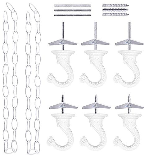 Mardatt 6 Sets White Ceiling Hanging Hook with Chains Swag Hook Kit, 1.5 Inch Swag Hooks with Hardware and 36 Inch Extension Chains for Hanging Plants Lanterns Baskets Indoor or Outdoor