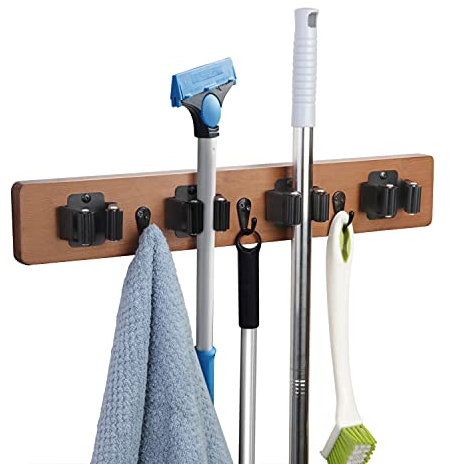JSVER Besenhalterung Wand, Moderne Mop Halter Bambus Wandhalterung mit 4 Halter und 3 Haken Besenhalter Gerätehalter für Haus, Küche, Garten, Garage-Braun
