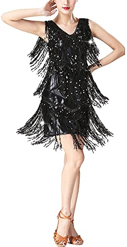 GUOCU Femme Classique Brillants à Franges et à Sequins Robe de Danse Latine Col en V Double Robe à clapet de Costume de Performance de Danse Fluides Asymétrique Dancewear Noir M