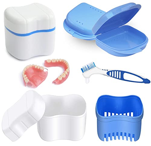 Prothesen Aufbewahrungsbox, Zahnprothese Etui, Zahnspangenbox+ Prothesen Reinigerbürsten, Prothese Box, Prothesen Behälter, Für Falsche Zähne Lagerung Reinigung, Für Kieferorthopädische Box, Blau