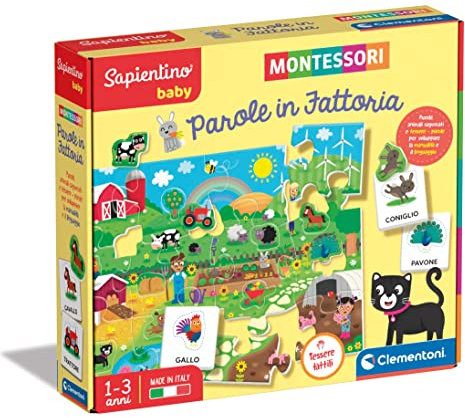 Clementoni Sapientino Baby Montessori - Parole in Fattoria, Gioco Educativo con Puzzle Animali Sagomati per Bambini 1-3 Anni, Sviluppo del Linguaggio e Tattile, Made in Italy, Lingua Italiana, 16413