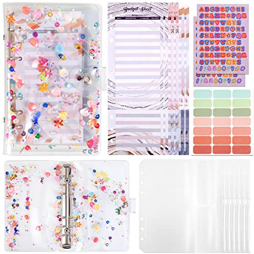 A6 Binder Budget Notizbuch,Budget Planner-Kit Ringbuch mit 8durchsichtigen Reißverschluss-Schutzhüllen,2durchsichtigen Kartenfächern,21Etiketten,12Goldfolien-Budgetkarten und 3Pailletten-Aufklebern