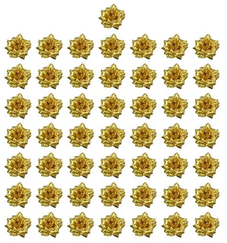 GERUI 50 Stück Kunstblumen, Blüten-Köpfe, Künstliche Blütenköpfe,Kunstblumen Rosenköpfe Stoffrosen Deko-Blüte, Basteln Tischdeko Dekoration Hochzeit Taufe Kommunion Blumen Applikationen (Gold)