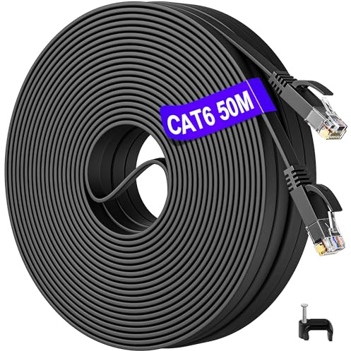 Câble Ethernet Cat 6 RJ45 50m - Plat, Haut Débit 1000Mbit/s, Extérieur/Intérieur - Gigabit Noir LAN Internet Très Long pour Switch, Routeur, PC
