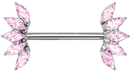 Piercing Labret en Titane et Oxydes de Zirconium - Tige Droite sur Goujon à Fond Plat et Bord Rond - Zircon Marquise Bordé de Billes de Titane et Zircons Ronds - (Argenté/Rose)