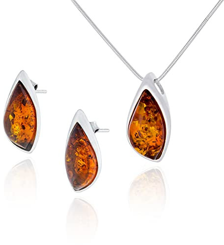 AMBEDORA Kleines Damen Schmuck Set Amber 846A, Anhänger mit Kette und Ohrringen, Baltischen Bernstein in Cognacfarbe, Sterling Silber 925, Geschenkidee
