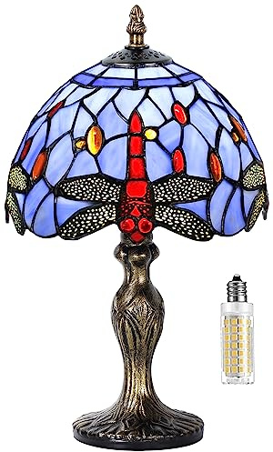 MIAOKE Stained Glass Lamp, lámpara de barroca, coloreado pantalla de vidrio, lámpara de mesa retro vintage, lámpara de noche, estudio, oficina-(Blaue Libelle)