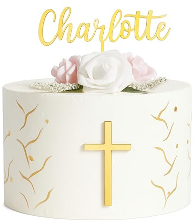 Personalisierte Tortendekoration Tortenstecker mit Name und Kreuz für Taufe, Kommunion, Konfirmation - Cake Topper Tortenaufsatz für Babytaufe Junge Mädchen Erstkommunion - Holz und Acryl