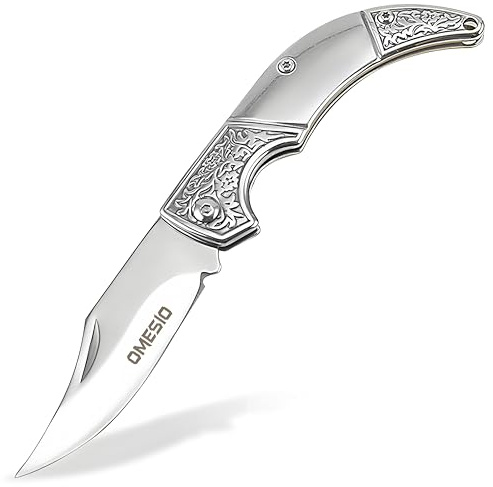 Omesio Klappmesser Mini 8,5 cm Kleines Zweihand Taschenmesser Schlüsselanhänger Zweihandmesser Outdoor scharf (Silber)
