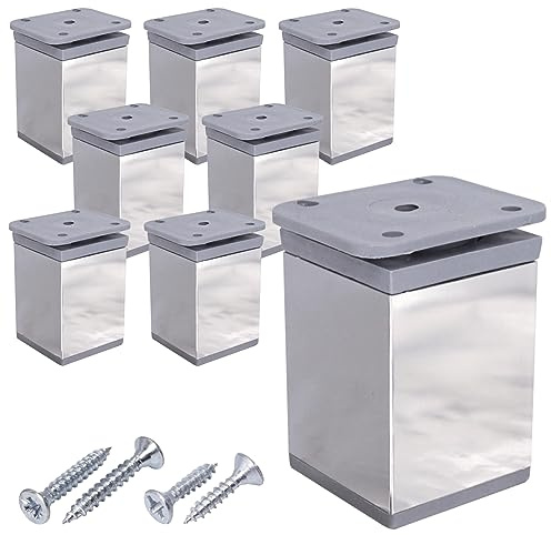 SKIR'CO 8 pcs, Glossy Chrome Height Adjustable Furniture Legs, 60 mm Height, Aluminium Square Feet 40 x 40 mm, Screws Included