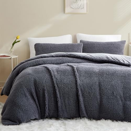 AShanlan Winter Fleece Bettwäsche 135x200 Dunkelgrau Super Warme Sherpa Bettbezug Flauschig ÖKO-TEX Bettwäsche-Sets Cashmere Touch mit Reißverschluss und Kissenbezug 80x80 cm