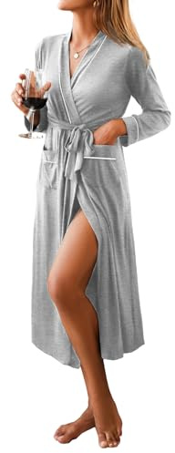 Ekouaer Women Kimono Robes Full Length Knit Bathrobe Lightweight Soft Sleepwear V-neck Casual Ladies Loungewear
