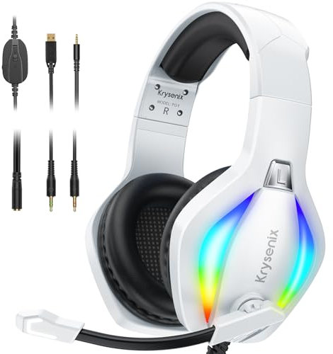 Krysenix PG1 Casque Gaming pour PS4, PS5, PC, Xbox, Nintendo Switch, Casque Gamer avec Son Microphone Stéréo AI, Casque avec Prise Jack 3,5 mm et lumière RVB, Blanc