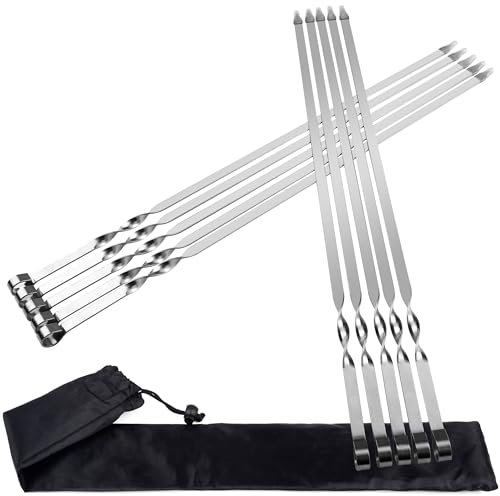 KEYIDO Extra Long BBQ Skewers - 55 cm Stainless Steel Flat Metal Barbecue Set With Portable Storage Bag, 10 Pack (21.7 inch)
