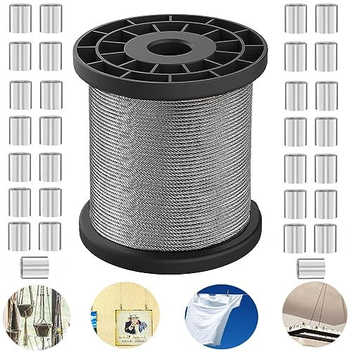 100m Drahtseil 1mm Stahlseil aus 304 Edelstahl - 7x7 Weich/Flexibel, 40 Stk M1 Alu Crimpschlaufenhülse für Stahlseil Aufhängung Gardinen Vorhang Drahtstange Edelstahlkabel (100m X 1mm)