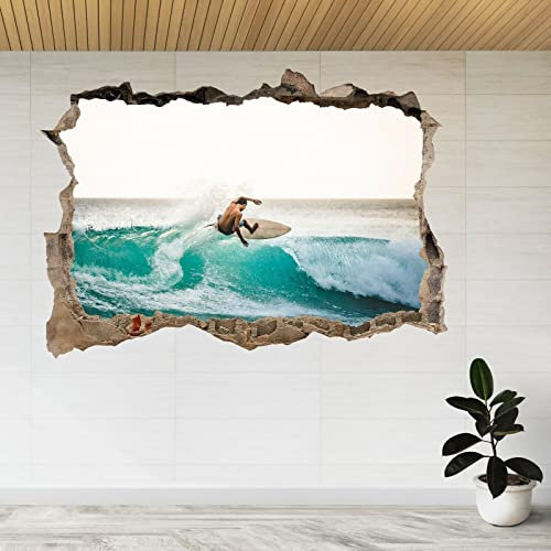 Wandtattoo Rissig DIY Fototapete Surfer, Der Wellen In Bali Reitet, 3D Zertrümmerte Ansicht, Wandaufkleber, Poster, Aufkleber A498 80x120CM