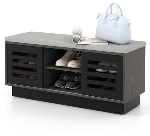 RELAX4LIFE Sitzbank mit Stauraum, Schuhbank mit 6 Ablagefächern & 3 verstellbaren Ablage & 2 Schiebetüren, Sitztruhe mit Gepolsterte Sitzfläche, Truhe für Flur Schlafzimmer Wohnzimmer (Dunkelgrau)