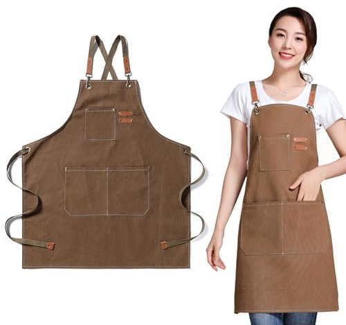 Favengo Chef Apron for Men Women Adjustable Cross-Back Work Apron Cotton Canvas Unisex Aprons Water Resistant Aprons with Strap and 3 Pockets for Servers Shop Garden Restaurant kitchen