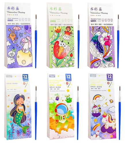 DKDDSSS 6 PCS Livre Peinture Aquarelle avec Pinceau Réservoir D'eau, Livre Coloriage Enfant, A5, 72 Pages