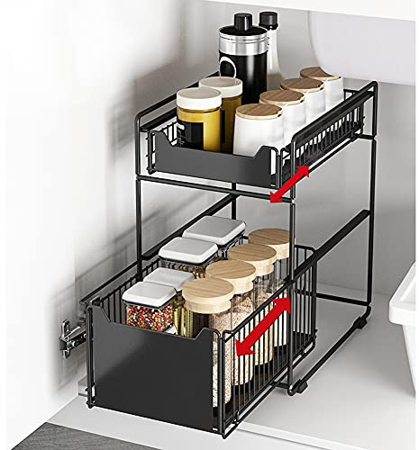 OHMG Organiseur à 2 Niveaux avec paniers coulissants,Étagère sous Évier,Étages Rangement sous Évier Cuisine,Armoire de Cuisine Organisateur d'armoire pour Salle de Bain (37.4 * 26.5 * 44cm（noir）)