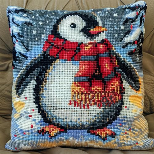 kitphoenix Latch Hook Kissen Kit, Tier Knüpfkissen Set Für Anfänger Erwachsene Oder Kinder Zum Selber Knüpfen,Pinguin Im Schneediy Knüpfteppich Knüpfpackung, Knüpfhaken Set 43 X 43 Cm
