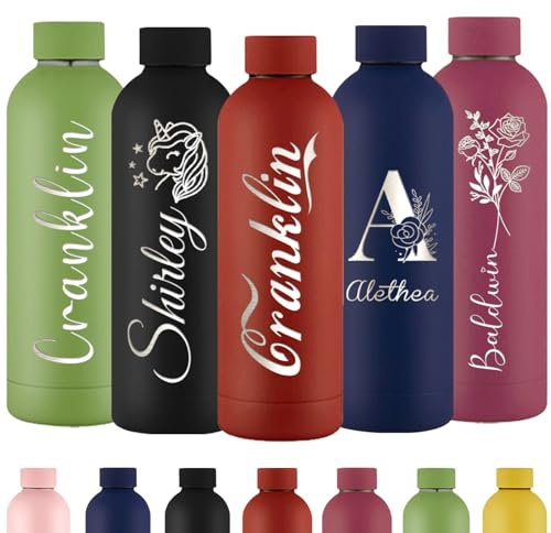 Personalisierte Trinkflasche Gravur Wasserflasche mit Namen Individuell Rostfreier Edelstahl Metall 500 ml Thermosflasche für Schule Büro Sport