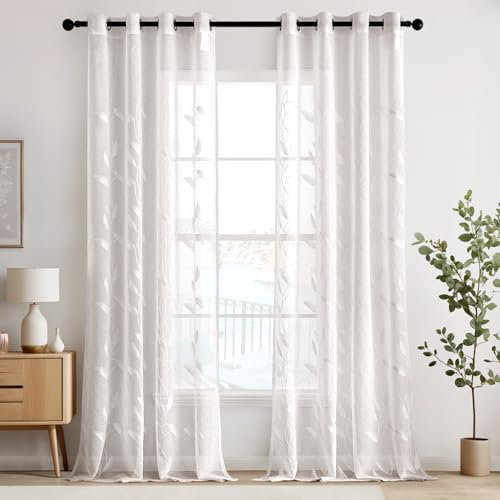 EMEMA Tenda in Voile per Soggiorno con Occhielli, Motivo di Foglie Trasparenti e Ricamo, Set di 2 Tendaggi Moderni per Camera da Letto, Ognuna H 245 x L 140 cm, Foglie Bianche
