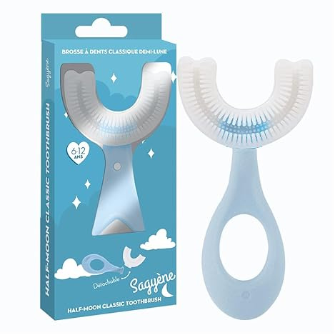 Brosse à Dents Enfants 6-12 Ans Demi-Lune Ergonomique - Bleue - Sagyène | Silicone Souple et Poils Doux | Apprentissage Autonome du Brossage
