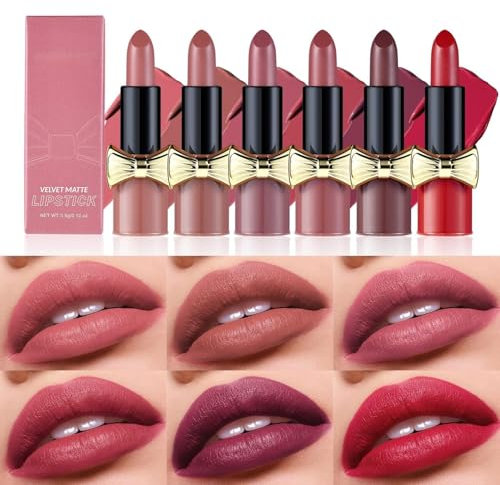 6 Stück Matt Lippenstift, Velvety Nude Lipstick, Stay On 24 Hours Waterproof Non-Stick Cup Not Fade Liquid Lipstick, Lip Gloss Make Up Set (Rot, 6pc)
