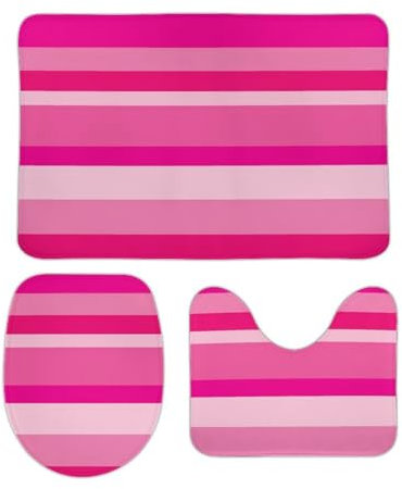 Badteppich-Set 3-Teilig Rosa Horizontale Streifen Wc Vorleger Set 3 Teilig Wasserabsorbierend Badezimmer Vorleger 3-Teiliges Waschbar Badezimmer-Garnitur Für Dusche Badewanne Badezimmer