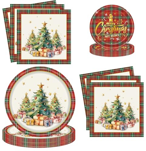 L'ensemble de Vaisselle de Fête de Noël - Assiettes en Carton, Serviettes, Fournitures de Décoration pour 20 Invités - Thème Sapin de Noël, Nouvel An