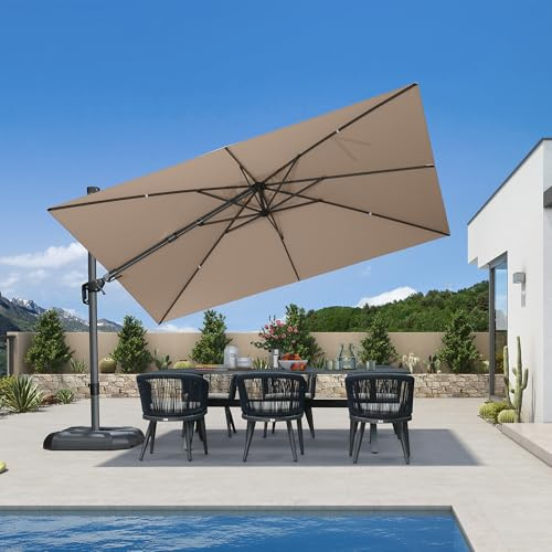 PURPLE LEAF Ampelschirm 350 x 250 cm Sonnenschirm Rechteckig 360° Drehbar Groß Alu Gartenschirm Knickbar Kurbelschirm UV-Schutz, Beige