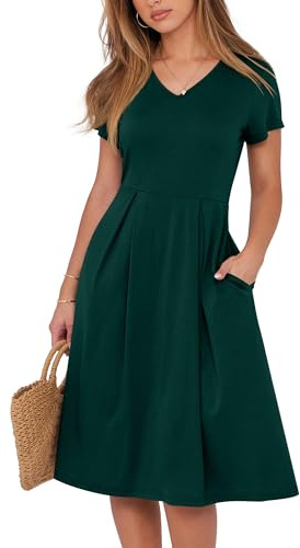ANRABESS Women Summer Dress Casual Short Sleeve V Neck A-Line Knee Length Pleated Flowy 2026 Fashion Midi Dresses with Pocket Dark Green Large