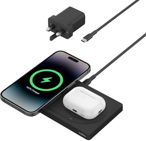 Belkin BoostCharge Pro 2-in-1 MagSafe Charger, Wireless Charging Pad with 15W, iPhone fast charger compatible with iPhone 16, 15, 14, 13, 12 Series, AirPods, and other MagSafe enabled devices - Black