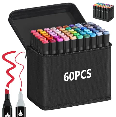 60 Couleurs Feutre a Alcool, Feutres Coloriage Adulte, Marqueurs à Croquis Double Pointe avec Pochette de Transport et Espaceur, Marqueur Permanent pour Animation Art Esquisse