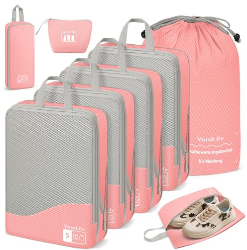 VnioLife 8 × Koffer Organizer Kompression, Compression Packing Cubes, Packwürfel Kompression, Packtasche Wasserdichte, Packing Cubes Backpack, Reise Organizer Set (Rose)