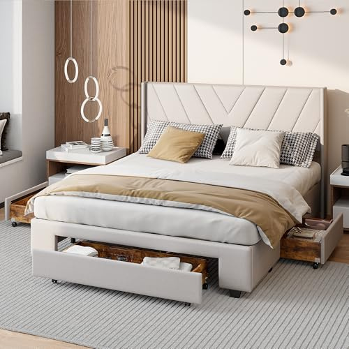 Callicarpa 160x200cm Polsterbett Doppelbett, Doppelbett Mit 3 Schubladen, Rückenlehne Bettgestell, Stauraumbett Jugendbett Mit Lattenrost Aus Holz, Samt, Ohne Matratze, Beige