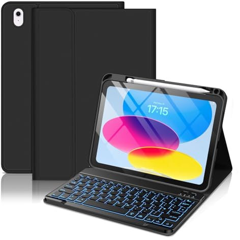 Keyboard Case iPad for A16 11th Generation 2025/10th Generation 2022(11/10.9 inch), 10th 7 Colors Backlit Detachable Keyboard Cover with Pencil Holder, UK Layout Keyboard for iPad 11/10 Gen, Black
