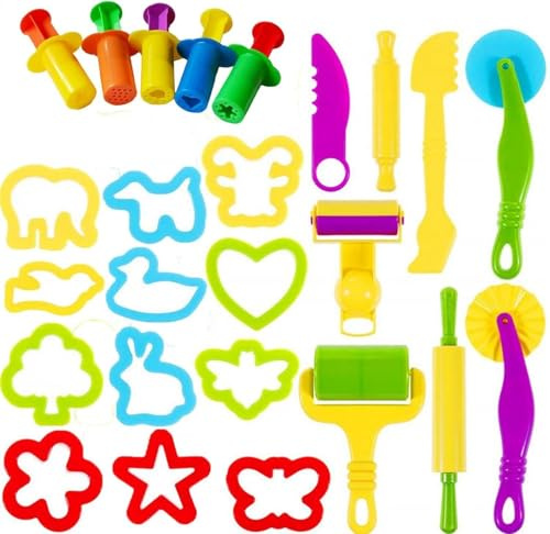 Clay Dough Tool Kit, 25 Pieces Playdough Set with Rollers Extruders Shape Cutter Animals Molds, Colorful Dough Clay Accessories for Kids Children Boys Girls, Plasticine Modelling Tools