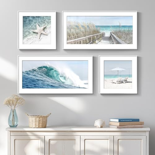 Framed Coastal Wall Art for Living Room, 4 Piece Beach Surf Ocean Artwork for Walls, Large Starfish Reed Seascape Pictures Prints, Beach Coastal Summer Wall Decor for Bedroom Bathroom, Overall 36x24