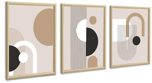3Pcs Quadri Moderni Linee Geometriche di Metà Secolo Stampa su Tela Con Cornice, Quadro Minimalista Nordico Bianco Marrone pittura su tela da parete Decor Murale Soggiorno Camera da letto 30x40cmx3