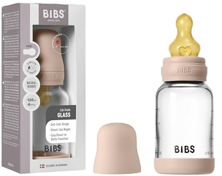 BIBS Baby Glass Bottle. 120ml Biberon en verre. Anti-colique. Embout rond en latex de caoutchouc naturel. Favorise l’allaitement naturel, 120ml, Complete Set - Blush
